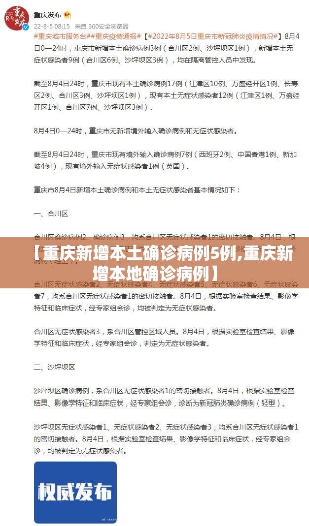 【重庆新增本土确诊病例5例,重庆新增本地确诊病例】 【重庆新增本土确诊病例5例,重庆新增本地确诊病例】