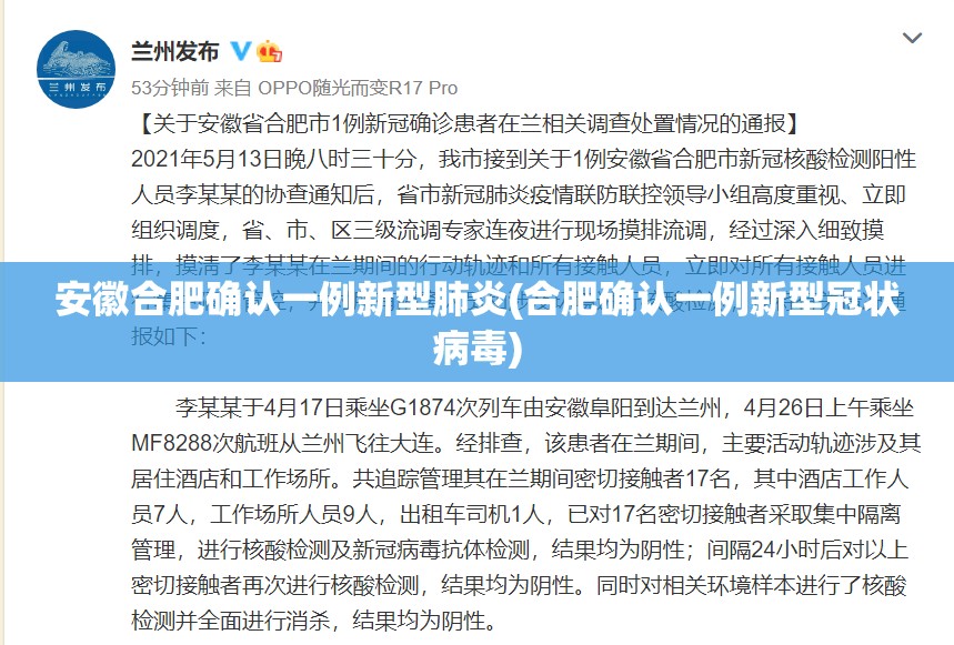 安徽合肥确认一例新型肺炎(合肥确认一例新型冠状病毒)